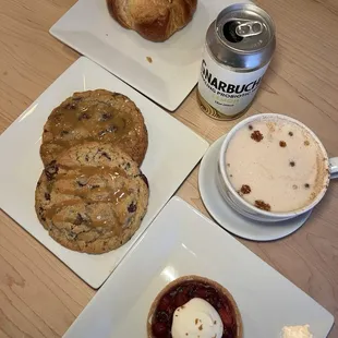 Cookies, cranberry tart, croissant, chai latte