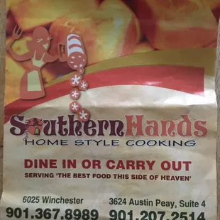Southern Hands menu cover