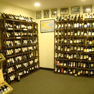 wine bottles on shelves