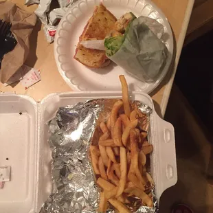 Half Reuben half Caesar wrap French fries