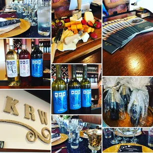 a variety of wine and food items