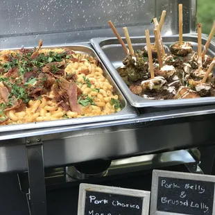Chorizo mac and cheese , pork belly lollipops