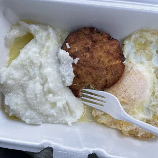 Salmon cakes were delicious! Eggs were perfect. Grits good texture (no salt added. Only butter). Great food!