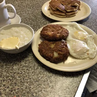 a breakfast of pancakes and eggs