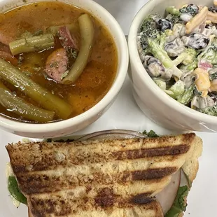 Take 2 combo. Which is half A Grilled sandwich (made with fresh sourdough) a cup Of cup and a side. The broccoli salad was amazing