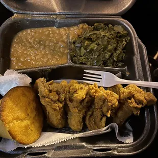 Collard Greens, baked beans, cornbread and the amazing chicken wings