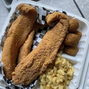 3 Piece Fish Dinner, 6 Cornbread Hush Puppies, Mac and Cheese