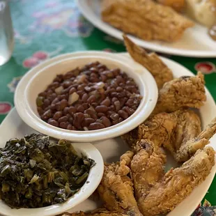 Chicken Wing Dinner with Red Beans and Rice and Collard Greens