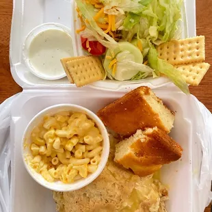 Chicken pie - Mac and cheese, side salad, cornbread