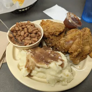 Fried Chicken with mashed potatoes and pinto beans