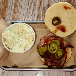 Texas Heat Brisket sandwich and tater salad