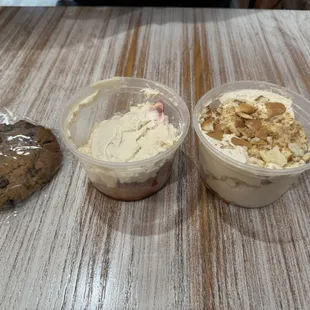 Banana pudding, chocolate chip cookie, strawberry shortcake
