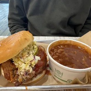 Carolina barbecue sandwich and baked beans