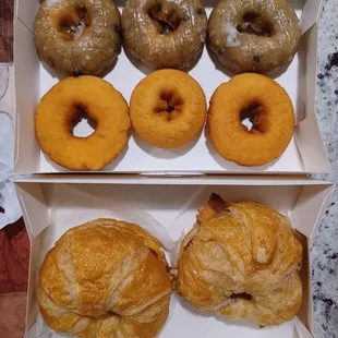 Blueberry glazed cake, plain cake, sausage, egg, &amp; cheese croissant, and bacon, egg, &amp; cheese croissant, $15.23 with tax.