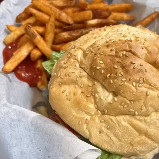 Burger with homemade bun and fries