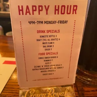 Happy hour menu