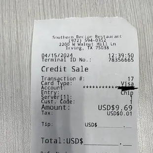 Receipt for overcharge Southern Recipe