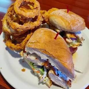 Grilled Chicken sandwich with onion rings
