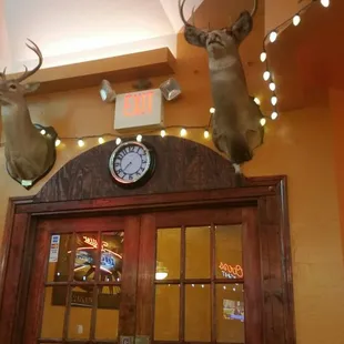 two deer heads mounted on the wall of a restaurant