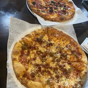 Pepperoni, olives, and mushrooms  Sausage and bacon