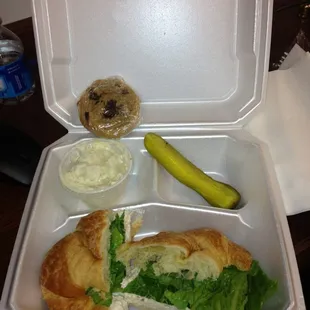 Chicken salad on a croissant, potato salad, and a triple chocolate chip cookie!!