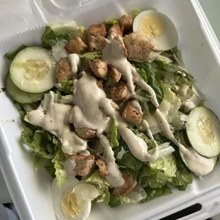 Chicken Caesar Salad. Added egg and cucumber.