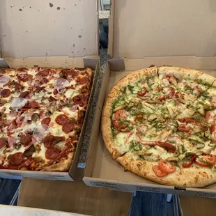 L: Sicilian style meat lovers R: Chicken pesto pizza