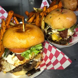 Featured here&apos;s our big text with added grilled mushrooms heavy on the bacon sweet fries on the side.