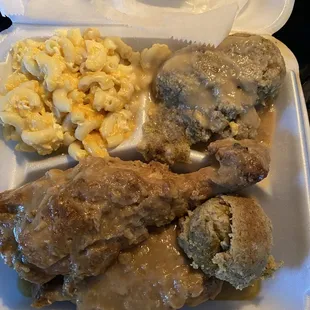 Turkey and dressing meal.  Dressing and gravy and Mac and cheese.  Yum!!!