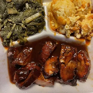 Rib tips, mixed greens, Mac n cheese