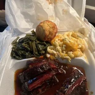 Rib Tips-Dinner greens and Mac with cornbread!