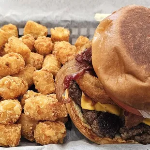 Cowboy Burger with tots