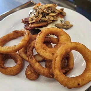 Bacon mushroom Swiss burger no bun with onion rings