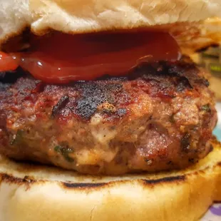 Post Food prep class, bleu cheese burger close up.
