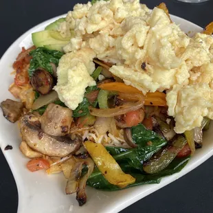 "The Farm" breakfast scramble (add avocado): the best veggie array!