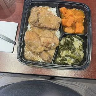 Smothered chicken, yam and greens
