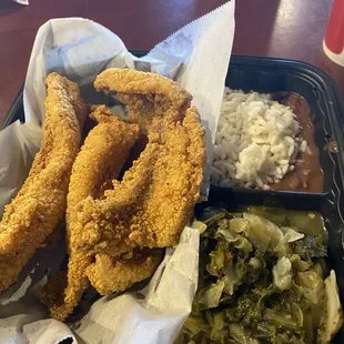 Catfish, red beans and rice.
