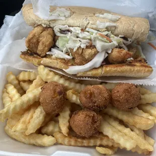 Shrimp poboy, hush puppies