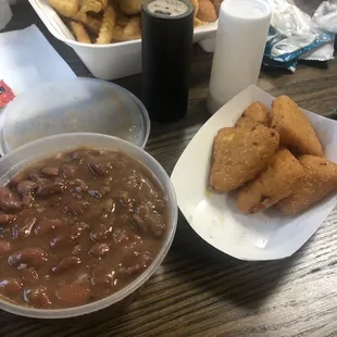 Red beans and rice, mac cheese bites, large plate of catfish