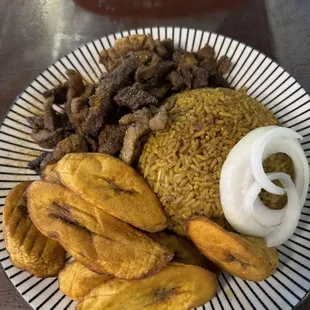 Beef Suya with Jollof Rice and Plantains