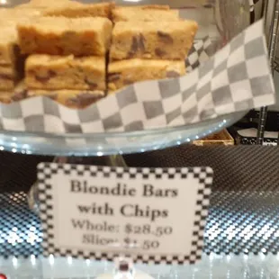 a display of blondie bars with chips