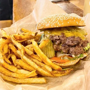 a hamburger and fries