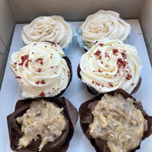 Homemade cupcakes: Snickerdoodle, Red Velvet and German Chocolate