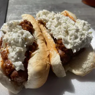 Chili, onion and slaw dogs! Yummy