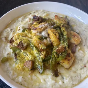 Cheddar Bay Garlic Battered Gulf Shrimp &amp; Cheese Grits w/ Andouille Chicken Sausage &amp; Sauted Veggies