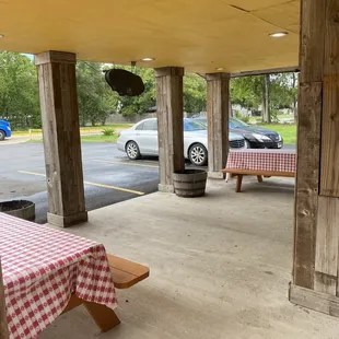 a table with a checkered tablecloth