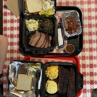 1 meat plate with ribs, Mac &amp; cheese, and potato salad 1 meat plate with brisket, collard greens, and coleslaw. Side of sausage.