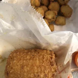 Fried corn cob and fried okra. Love the batter they use, it stands out!