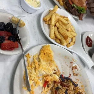 I had Migas for breakfast. My lunch partner had hamburger and fries