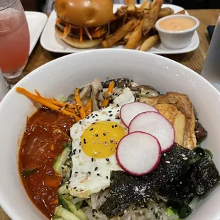 Bibimbap Bowl and Seoul Hot Chicken Sandwich